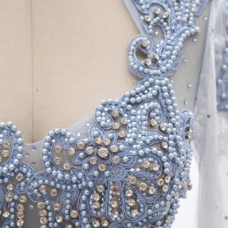 Stock Clean Long Mermaid Sexy Prom Dresses Full Beads Long Sleeves Evening Gown 210226-051