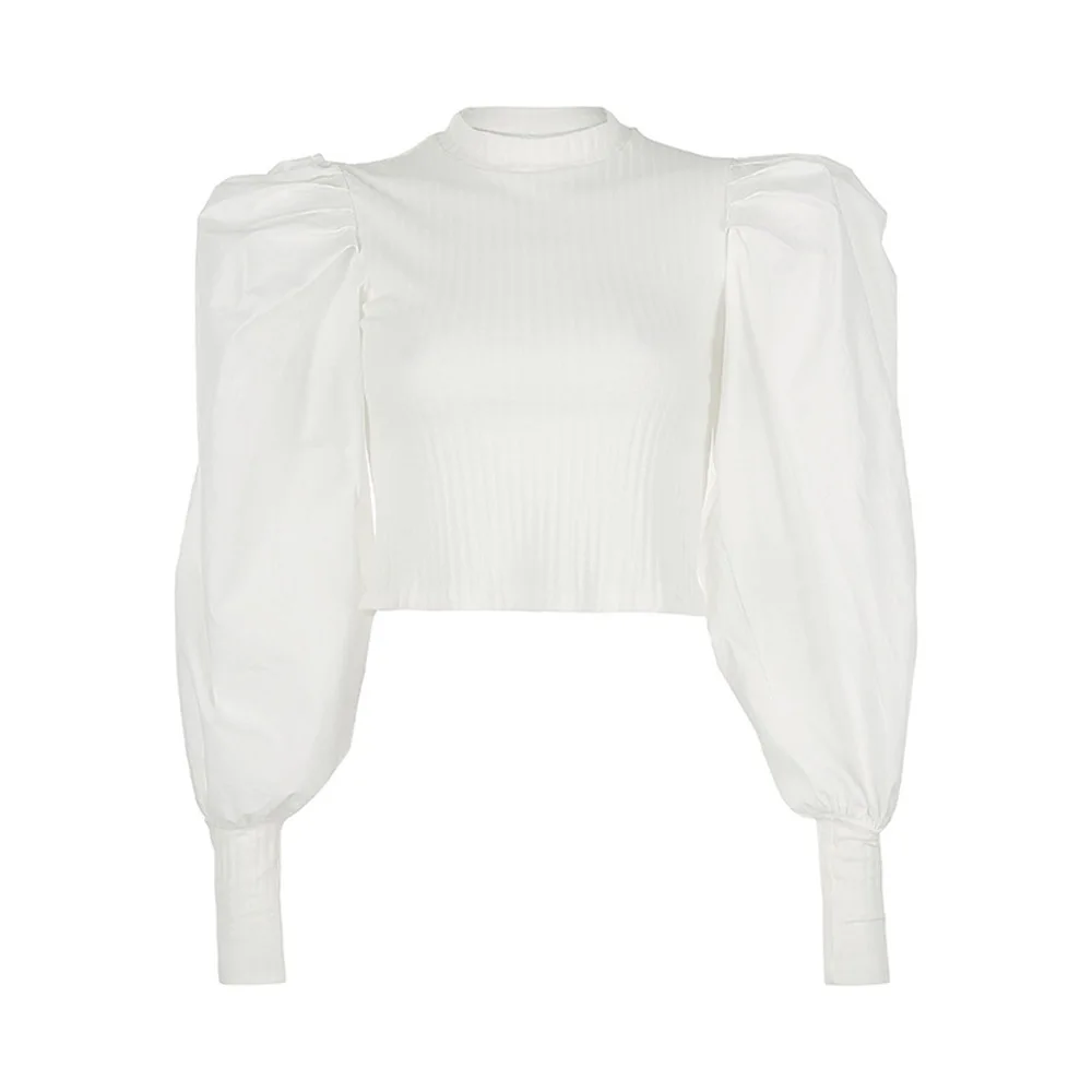 Женские черные футболки Блузы топы с пышными рукавами 2019 модная уличная одежда