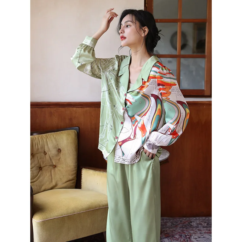 Pajamas Women's Spring and Autumn New Long Sleeved Ice Silk Two-piece Set of Silk Home Clothes