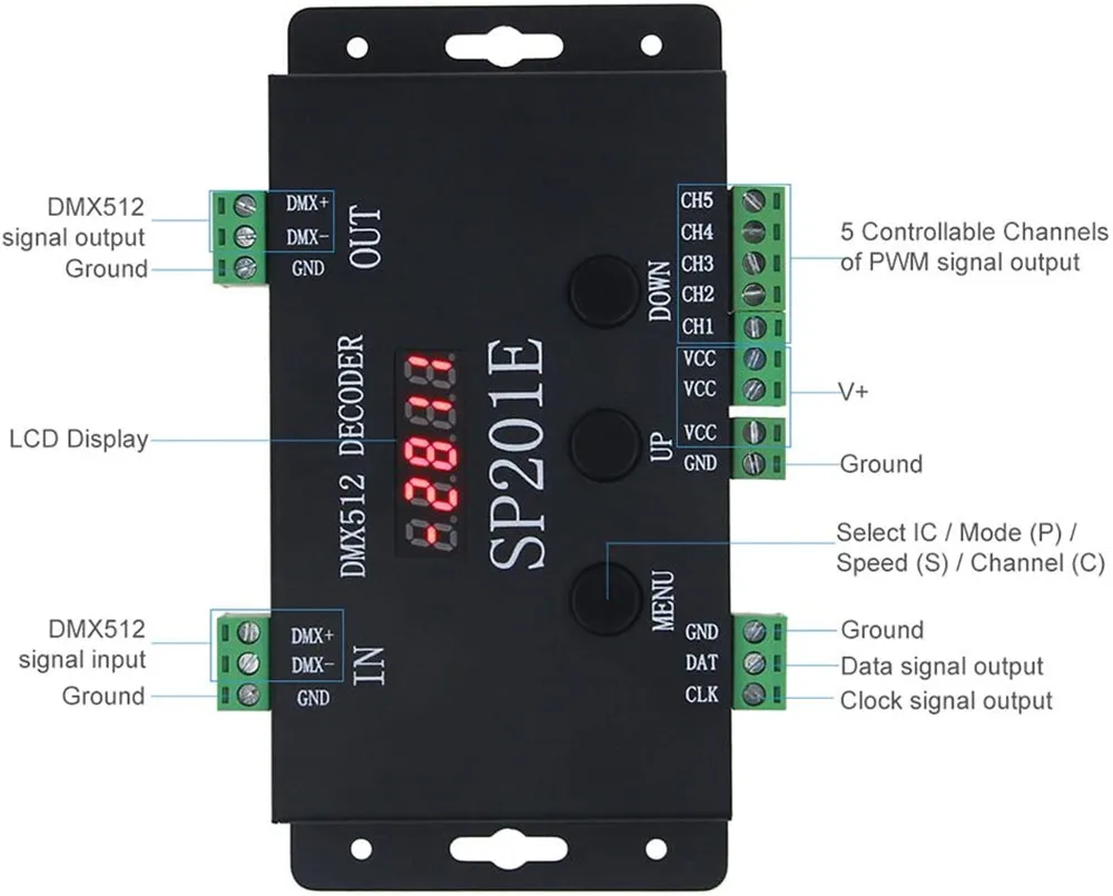 DC5V-24V DMX512 Decoder controller SP201E SPI Signal Addressable IC RGB led Pixel 5 Channel PWM Output ws2811 2812 1903 strips | Лампы и