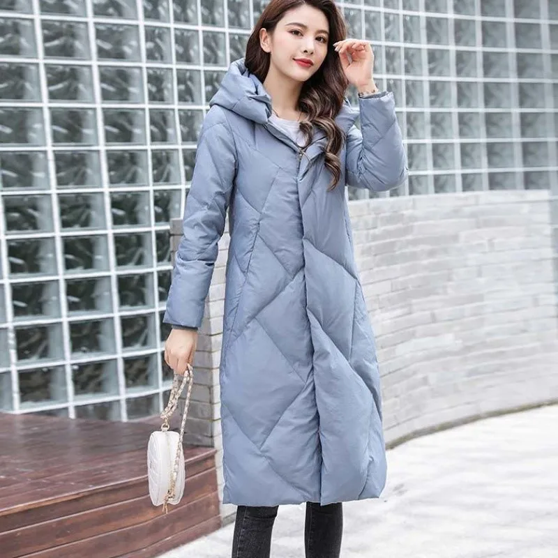 

Женское зимнее пальто на белом утином пуху, женская утепленная длинная куртка-пуховик, однотонное пальто, женская верхняя одежда с капюшоно...