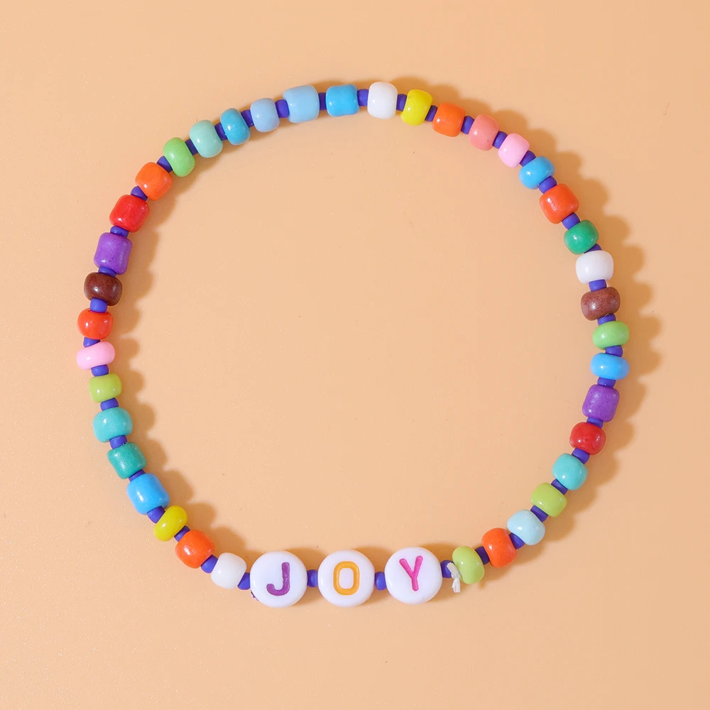 

Rttooas Korea Rainbow Acrylic Resin Bracelets Women Couple Cuff bracelet Hot Letter-JOY Bead Bracelet Handmade Jewelry Gift