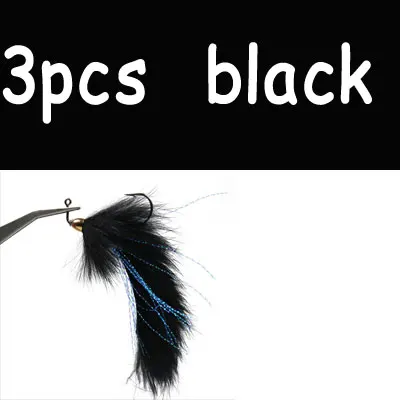 black 3pcs 3 шт. зеленый черный, белый цвет конус Медь шарик голова бас Щука Стример Летать форель мух для рыбалки рыболовные приманки 1/0 Абердин рыболовный крючок - Цвет: black 3pcs