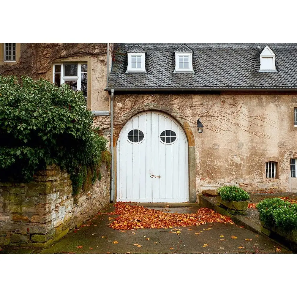 Осенний фон с изображением упавших листьев винтажный двери дома детский для