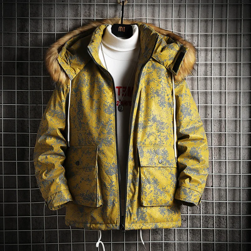 Winter menjacket Luminous color fur collar thickened keep warm winter personality trend loose casual high quality jackets