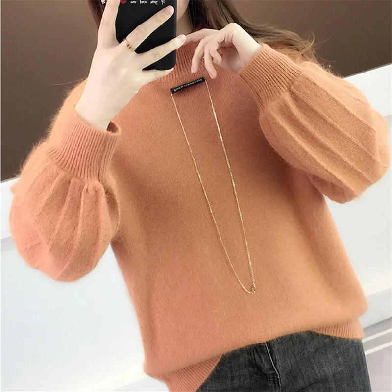 

Half High Collar Knitted Sweater Women Autumn Winter Korean Jumper Ladies Loose Short Lantern Sleeve Knit Pullovers Tops Female