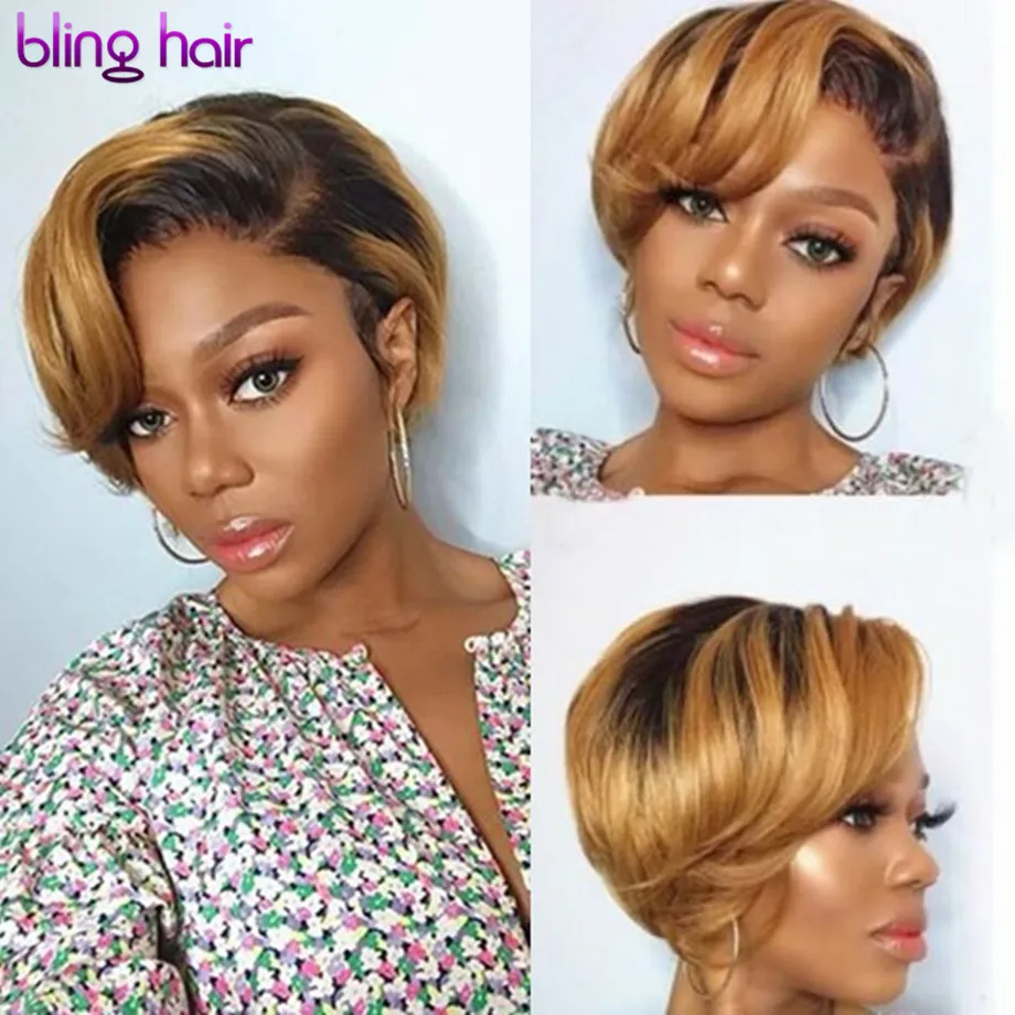 

bling hair Short Pixie Cut Wig Cheap T Part Lace Human Hair Wigs with Bangs Ombre Blonde Brown Color Brazilian Straight Hair Wig