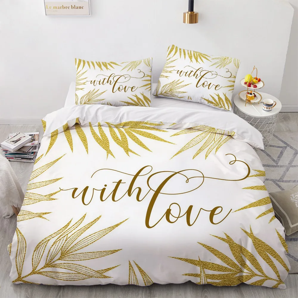 

3D Custom Design Nordic Quilt Cover Sets Leaf Comforther Cases Pillow Slips 200*230cm Full Twin Double Size Black Bedding Set
