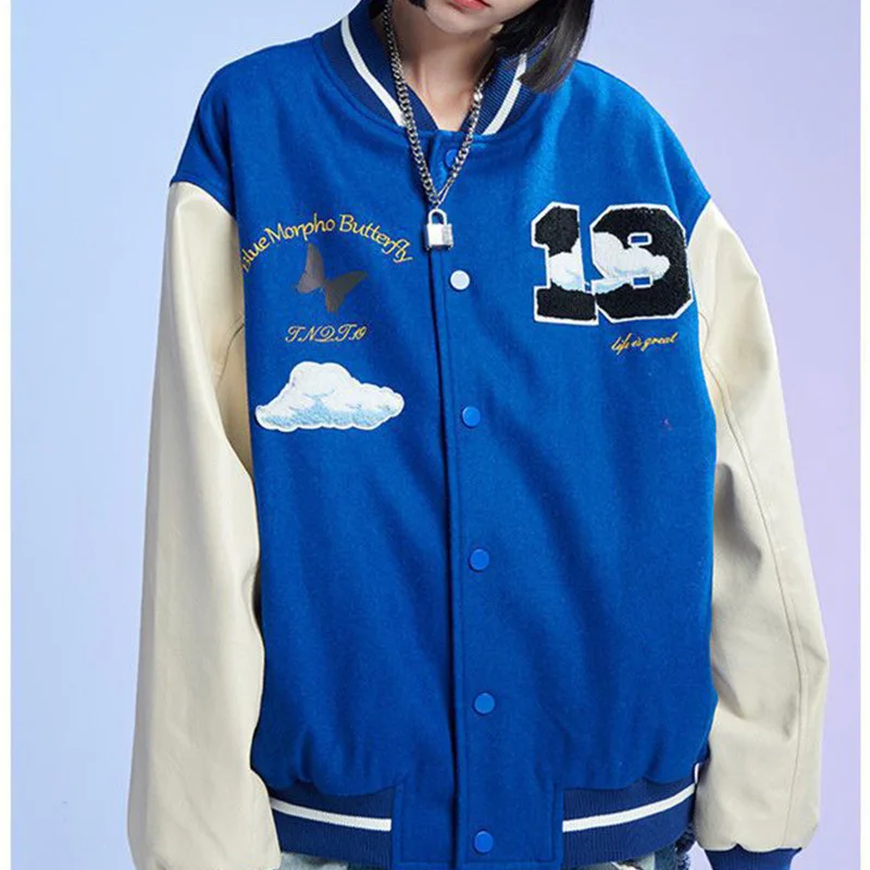 

Women Hip Hop Baseball Jackets Leather Stitching Embroidery Varsity Jacket Harajuku College Style Coats Loose Couple Streetwear