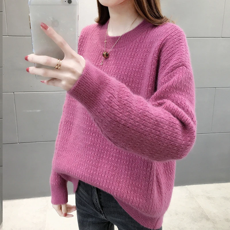 

PEONFLY Loose Knitted Pullover Sweater Women Autumn Winter Korean Long Sleeve O Neck Jumper Female Casual Knitwear Clothes