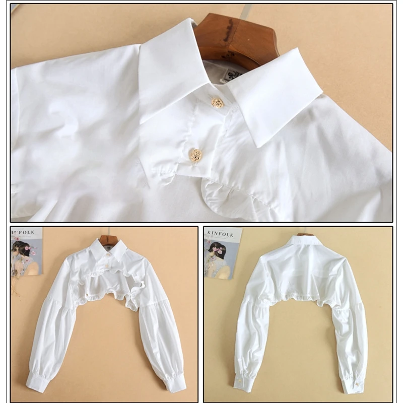

Women Puff Long Sleeve Half Top Blouse Ruffled Golden Button Detachable False Fake Collar Sweater Decorative Accessories