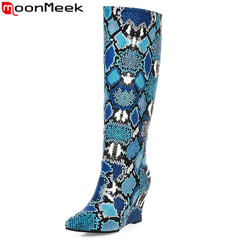 Женские сапоги на танкетке с острым носком молнии|Сапоги до колена| |