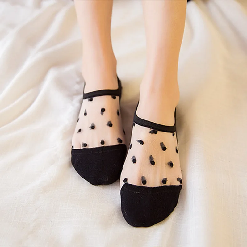 

1pair Candy Color Glass Silk Dot Invisible Boat Socks For Women Girl Lady Summer Thin Transparent Cotton Socks