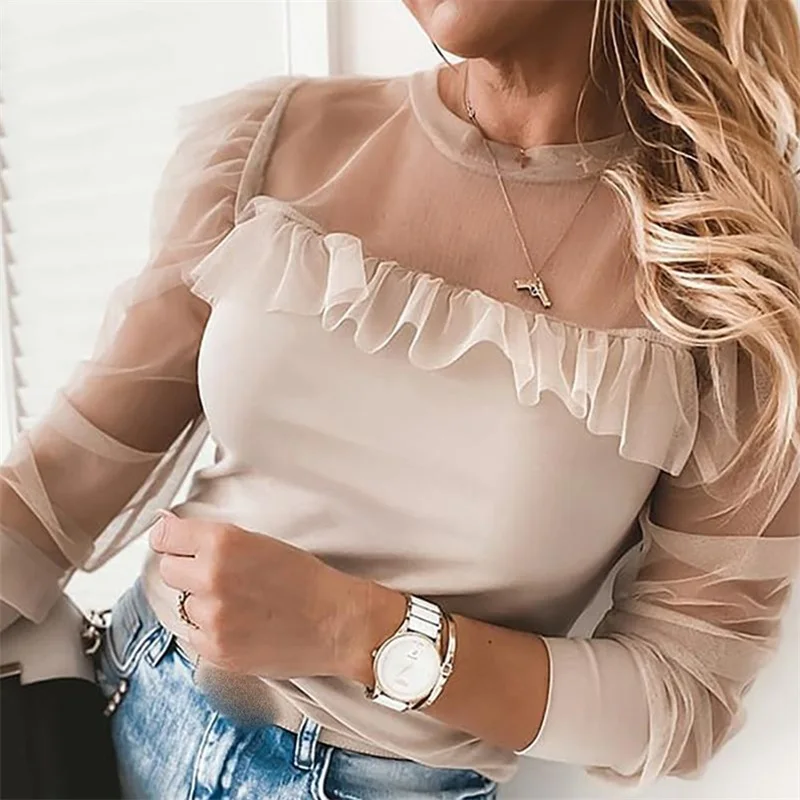 

Spring Patchwork Beaded Mesh Blouse Sexy O Neck Hollow Out Women Shirt Blusa Elegant Ruffle Puff Long Sleeve Tops Pullover