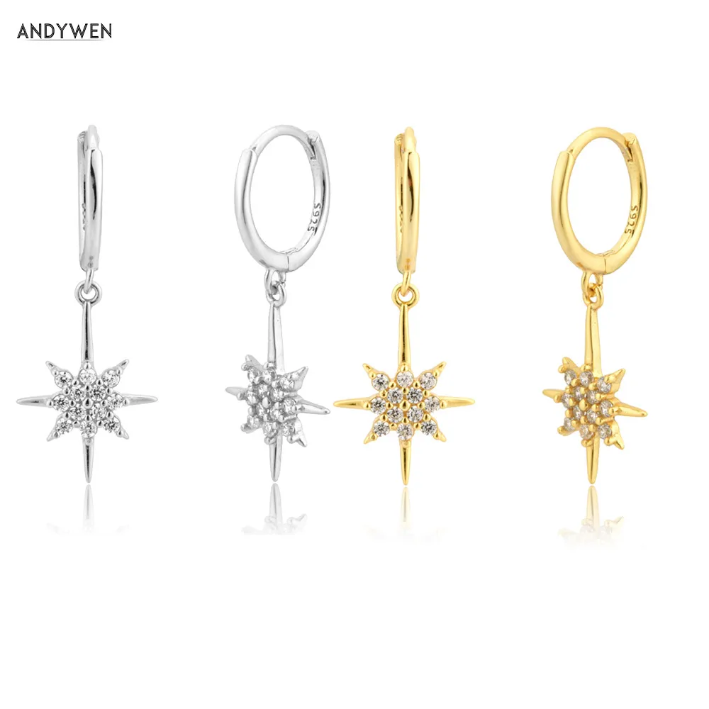 

ANDYWEN 925 Sterling Silver Gold Snowflowe Zircon CZ Pendant Piercing Drop Earring Fashion 2020 Fine jewelry Circle Luxury