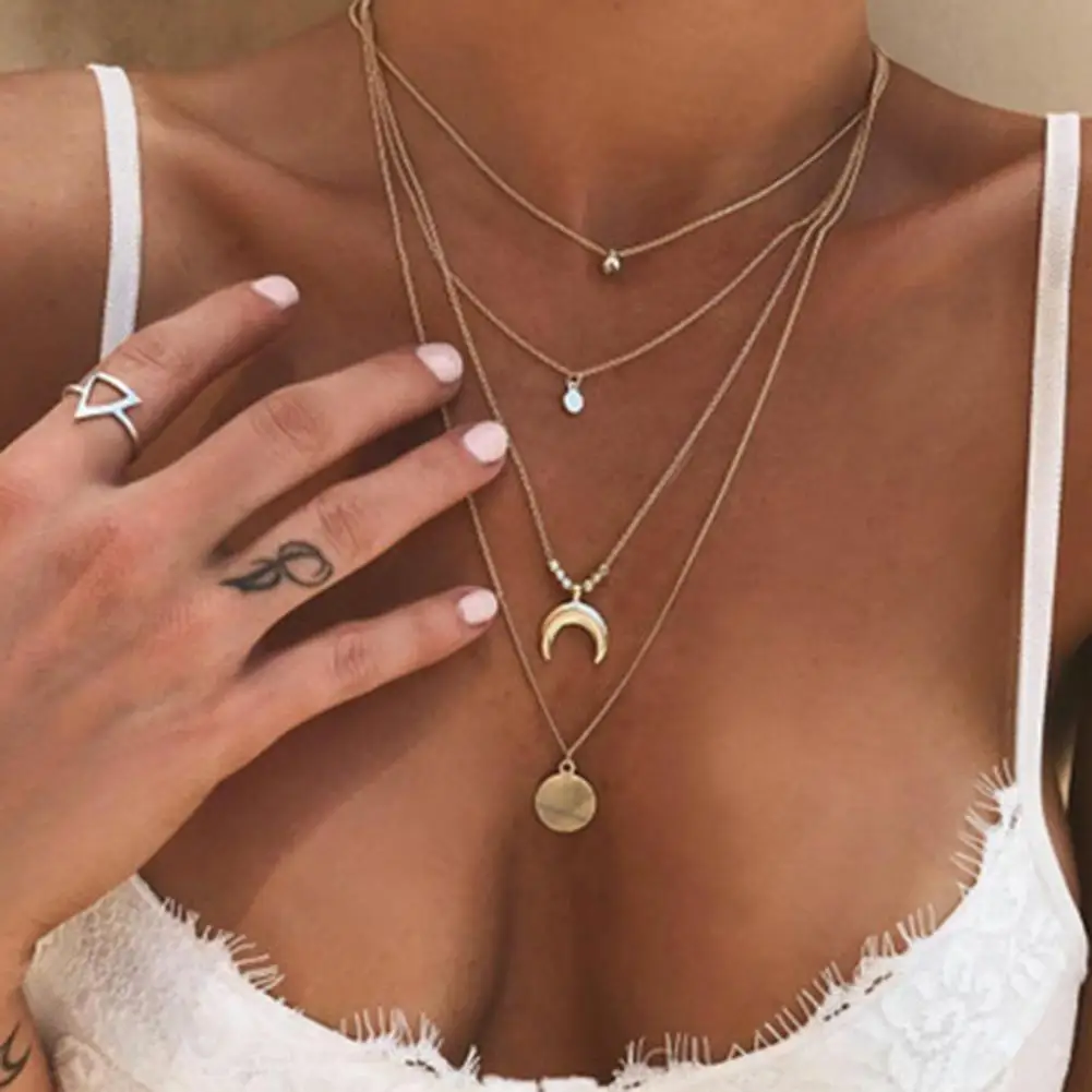 Богемный женский полумесяц колокольчик круглый кулон многослойная цепочка