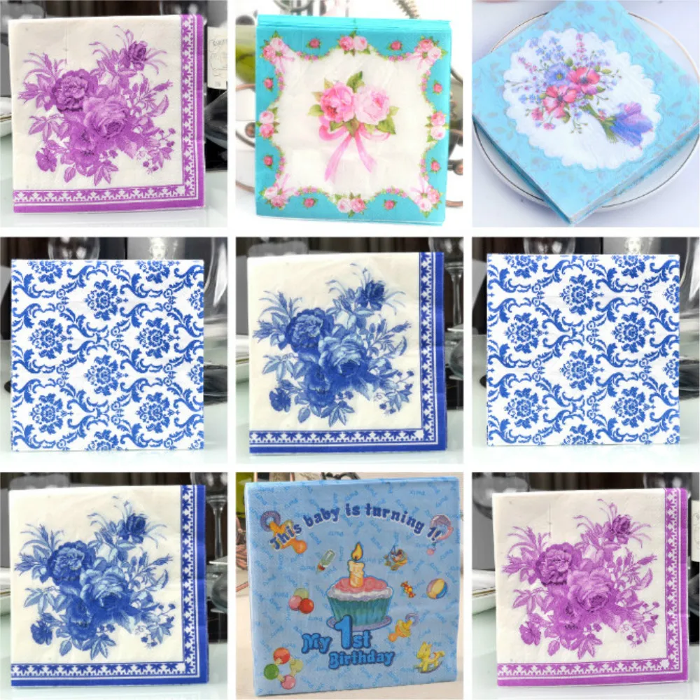 20 штук абстрактный синий цветок салфетка с узором бумага древесины тканей для