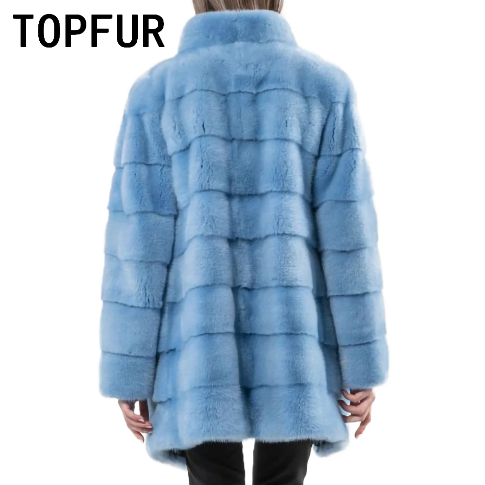 TOPFUR Import Blue Natural Mink Fur Coat Luxurious Round Neck Basic Jacket Loose Fashion Real Fur Coat Woman Outwear Customized