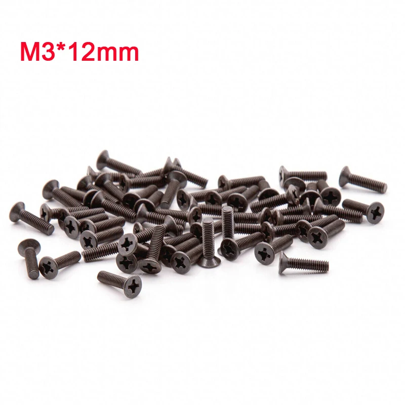 

50pcs Black Zinc Plated Phillips Flat Head Screws Cross Pan Head Bolts Screws Machine Screws M3*12mm