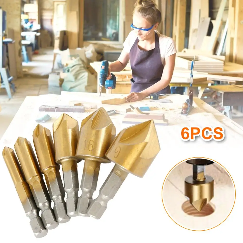 

6pcs HSS Chamfer Countersink Chamfer Drill Bit 1/4" Hex Shank 90 Degree Wood Chamfering Cutter 6mm-19mm