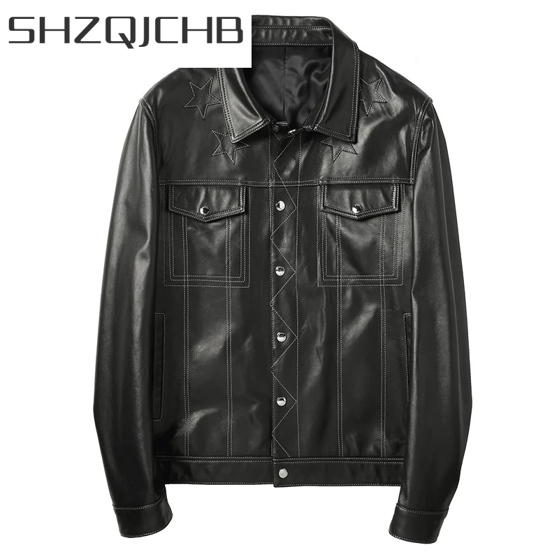 

JCHB 2021 Mens Luxury 100% Natural Sheepskin Genuine Leather Jacket Brand Fashion Star Embroidery Coat Single Breasted Work Casu