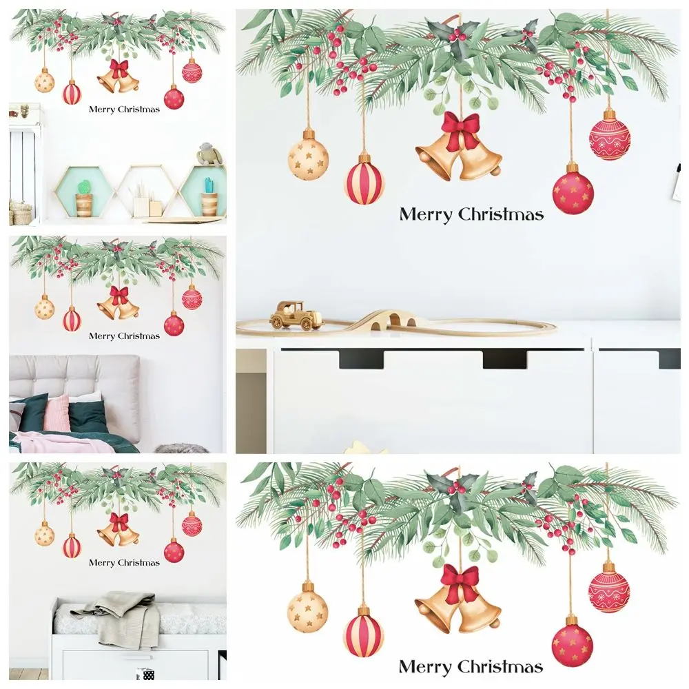 

Year Poster Home Decoration Red Berries Green Plant Branch Window Mural Merry Christmas Wall Stickers Bells Balls Decal