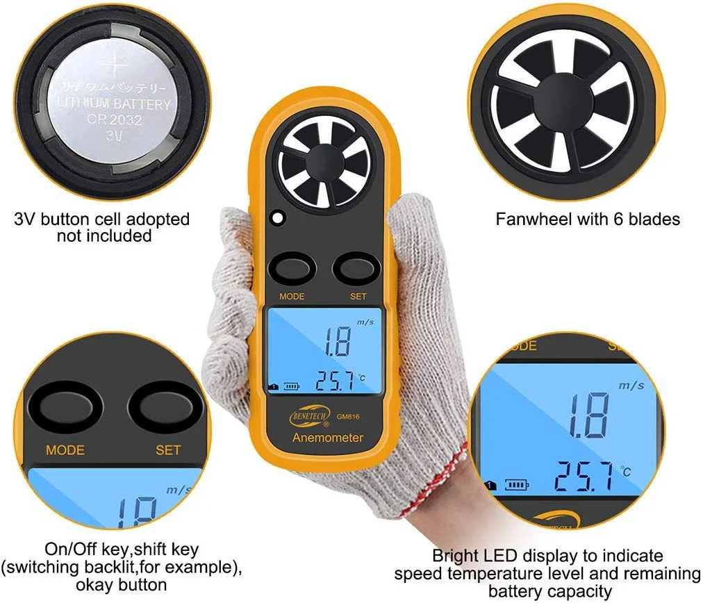 Benetech GM816 Анемометр Портативный цифровой LCD воздушного потока Windmeter термометр