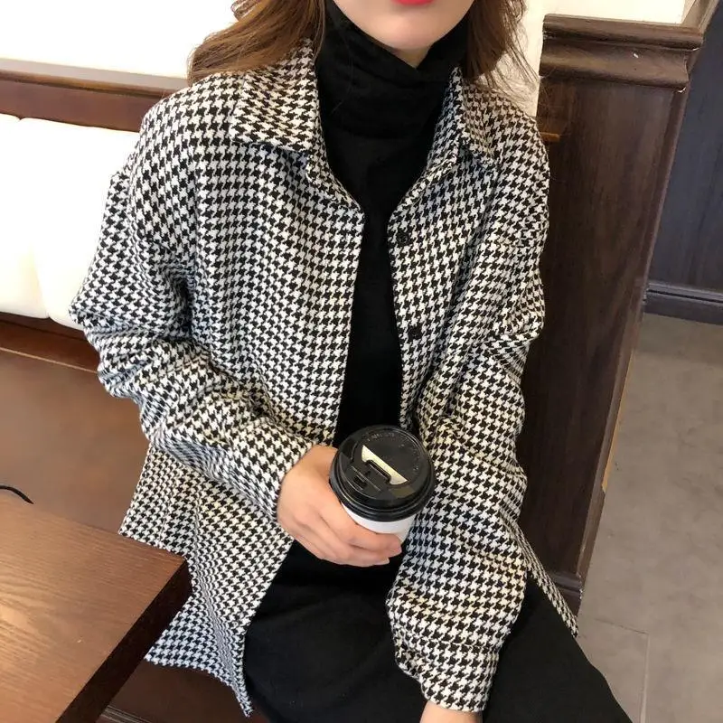 

Houndstooth Long Sleeve Plaid Shirt Spring Autumn Single Breasted Casual Blouse Shirt for Women Jacket Female 2021 Spring Autumn
