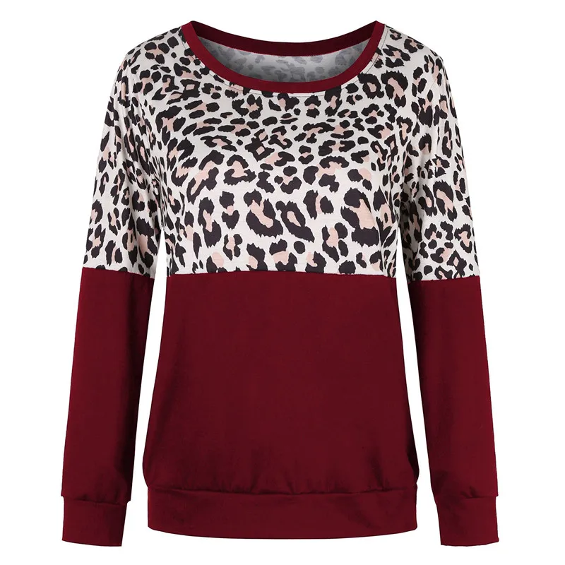 

Leopard Patchwork Long Sleeve T shirt Women Color Block Shirts O-neck Tshirts Casual Tops Tee Autumn Spring Female T-shirts
