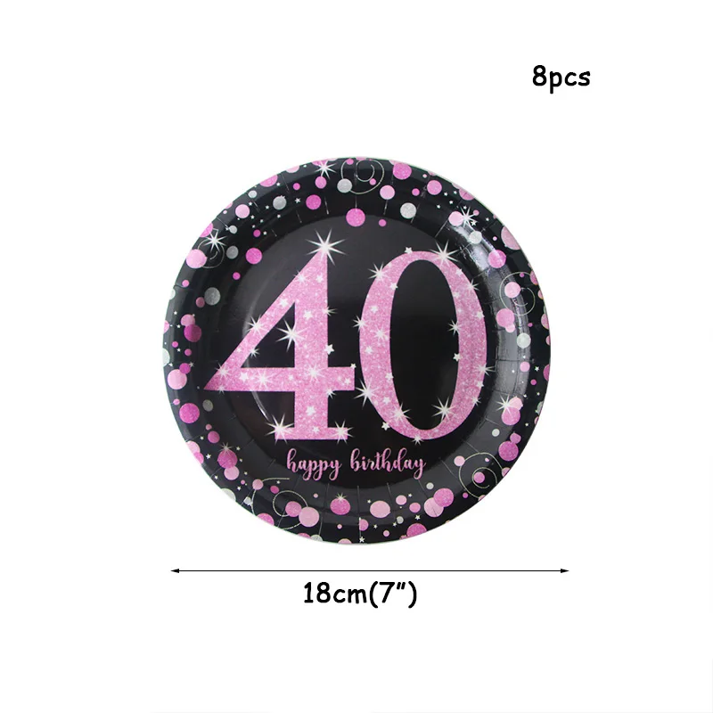 8pcs 7inch plates 40 Украшения на день рождения для взрослых, 30, 40, 50, 60 лет, розовый, черный, одноразовый набор посуды для вечеринки, 50-й день рождения - Цвет: 8pcs 7inch plates 40