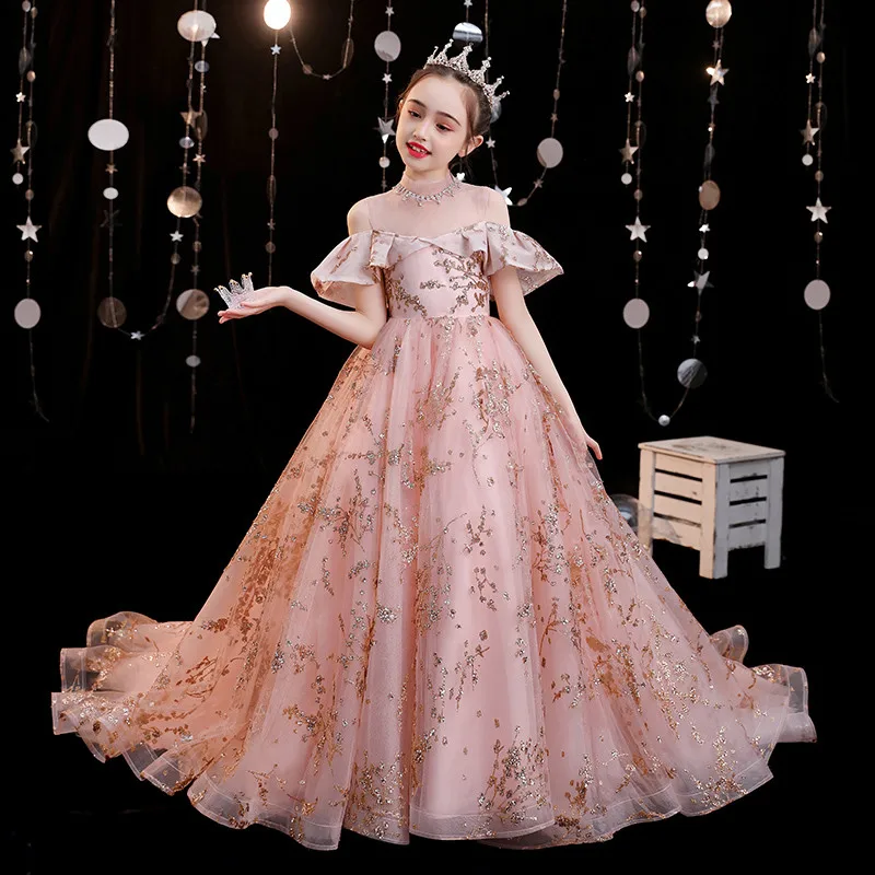 Children Girls High Quality Luxury Sweet Pink Model Catwalk Communication Princess Long Tail Dress Wedding Party Birthday | Детская