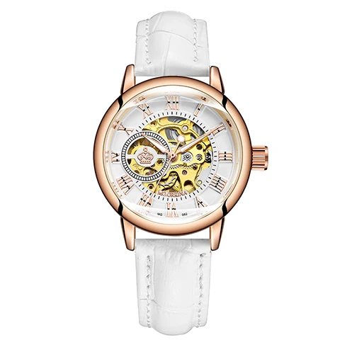Rose White Leather Классические роскошные женские механические часы из розового золота с сетчатым стальным ремешком, женские наручные часы от ведущего бренда, часы с браслетом, Relogio Feminino - Цвет: Rose White Leather