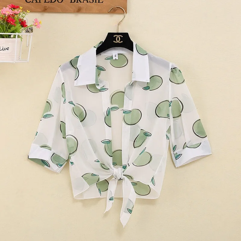 

2021 Summer Women's Plus Size Short Sleeve Short Print Chiffon Jacket Thin Cardigan Coat Sun Protection Shirt Women Y279