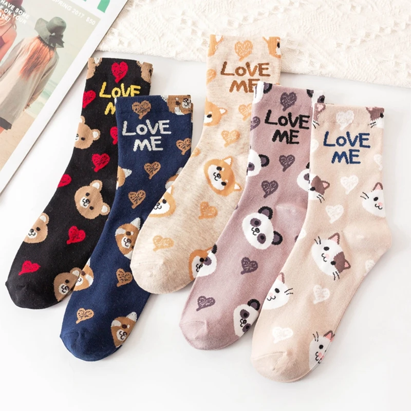

Women Cartoon Animal Crew Socks Preppy Style Cute Cat Dog Bear Panda Printed Harajuku Novelty Cotton Mid Tube Hosiery