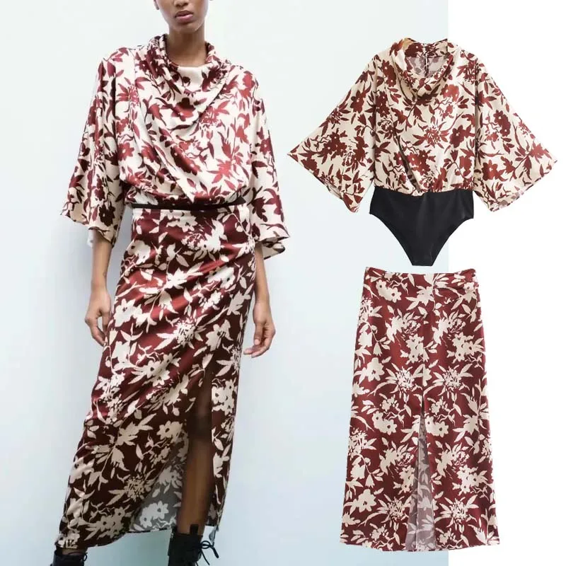 

Klkxmyt ZBZA юбка с высокой талией с цветочным принтом женская юбка миди с разрезом в винтажном стиле Женская шикарная Повседневная элегантная ю...