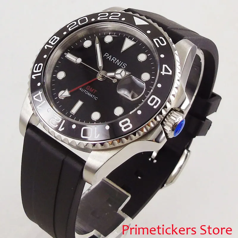 40 мм Parnis черный циферблат сапфировое стекло резиновый ремешок Красный GMT