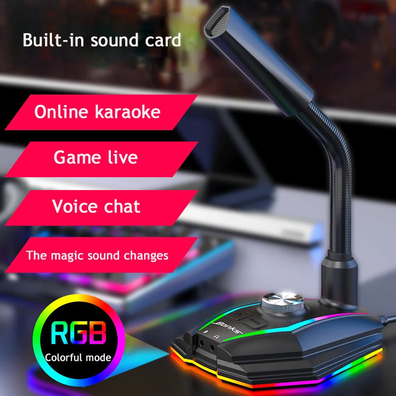 

RGB Light USB Microphone Gaming Stream Condenser Microphone For PC Computer Recording Studio Streaming Micro Built-in Sound Card