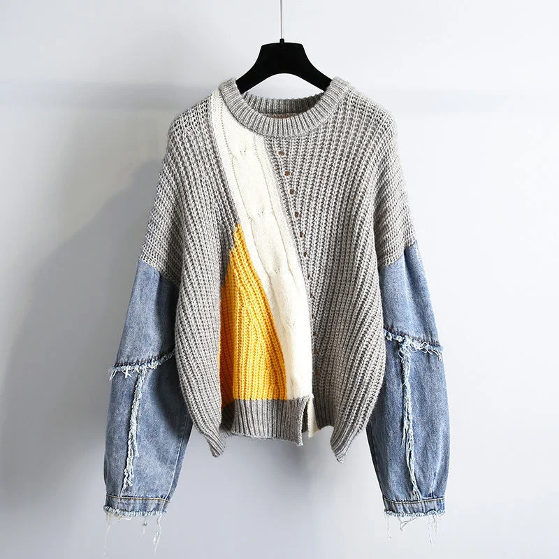 

Джинсовый свитер с длинным рукавом, Женский пуловер, сезон осень-зима 2021, одежда в Корейском стиле, свободный верх, серая одежда