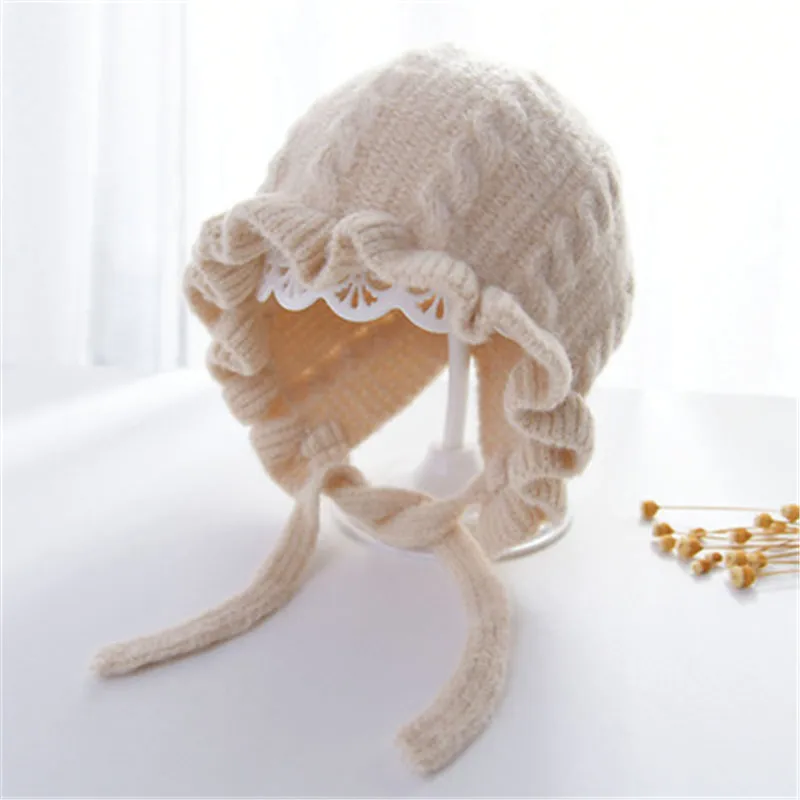 

Cute Toddler Kids wool Hats Baby Girls Winter Warm Crochet knitted Hat Sweet lace princess hat winter warm plus velvet Beanies