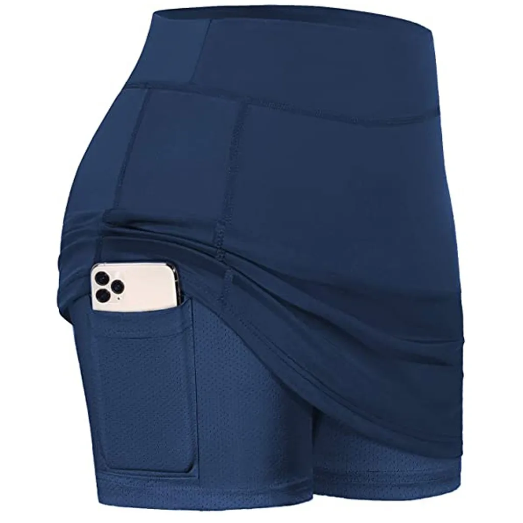 

Women's tennis skirt running elastic sports golf pocket short skirt sports fitness running tennis pure color short skirt Q6