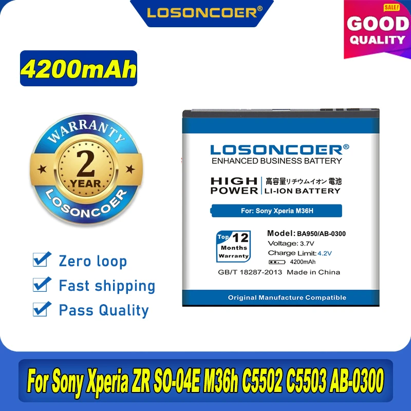 100% Оригинальный аккумулятор LOSONCOER 4200 мАч BA950 Для Sony Xperia ZR SO 04E M36h C5502 C5503 AB