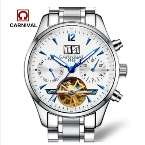 White steel C8730 Карнавальный турбийон автоматические механические мужские часы, швейцарские роскошные брендовые сапфировые Водонепроницаемые многофункциональные часы с скелетом - Цвет: White steel C8730