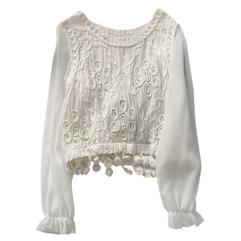 Рубашка женская шифоновая вязаная крючком с длинным рукавом | Женская одежда