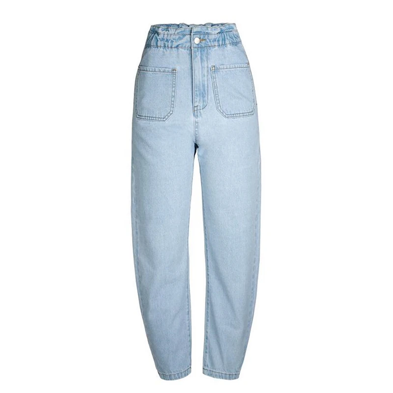 Джинсы женские свободные с высокой талией штаны из денима эластичным поясом