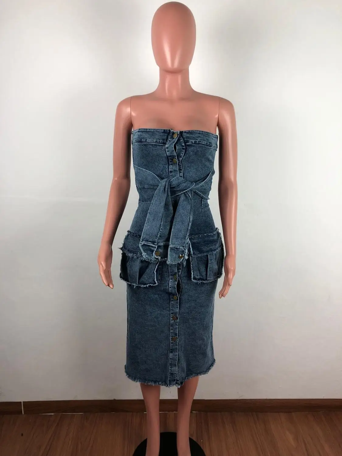 Adogirl винтажный джинсовый без бретелек платье с имитацией рукавов галстуком на