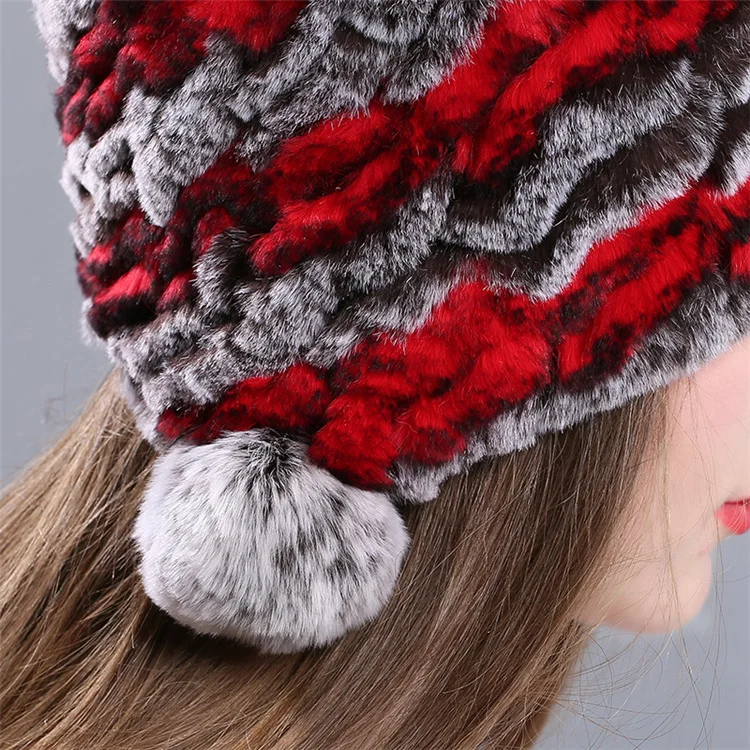 Новинка натуральная женская вязаная шапка из кроличьего меха с помпонами ручной