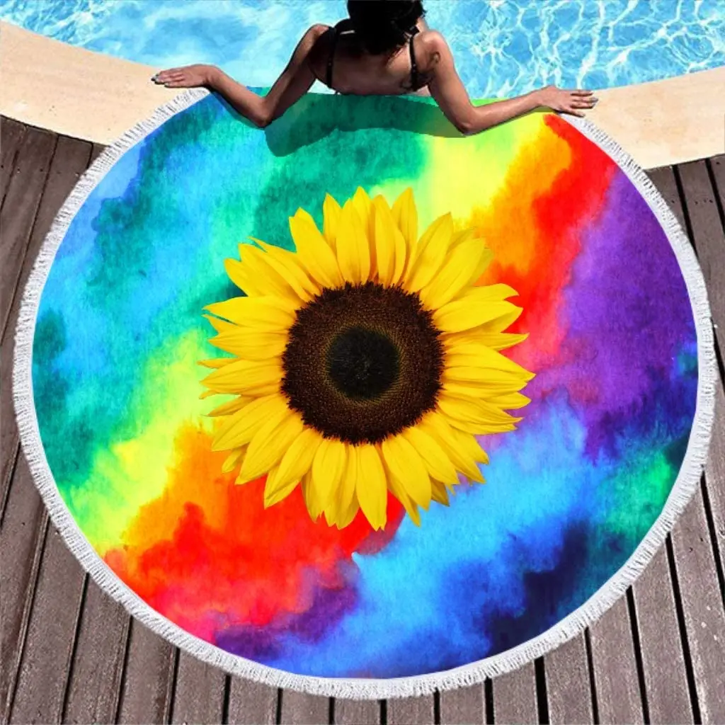 

Lightweight Round Beach Towel Fringed Sunflower Print Sun Protection Shawl Camping Mat 59 Inches Diameter White 59 Inches