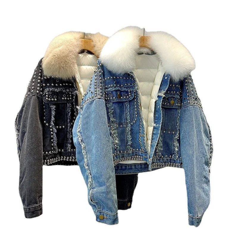 90% White Duck Down Jacket Women 2021 Thickness Denim Rivets Coat Puffer Feather Female Parkas With Real Fox Fur Collar