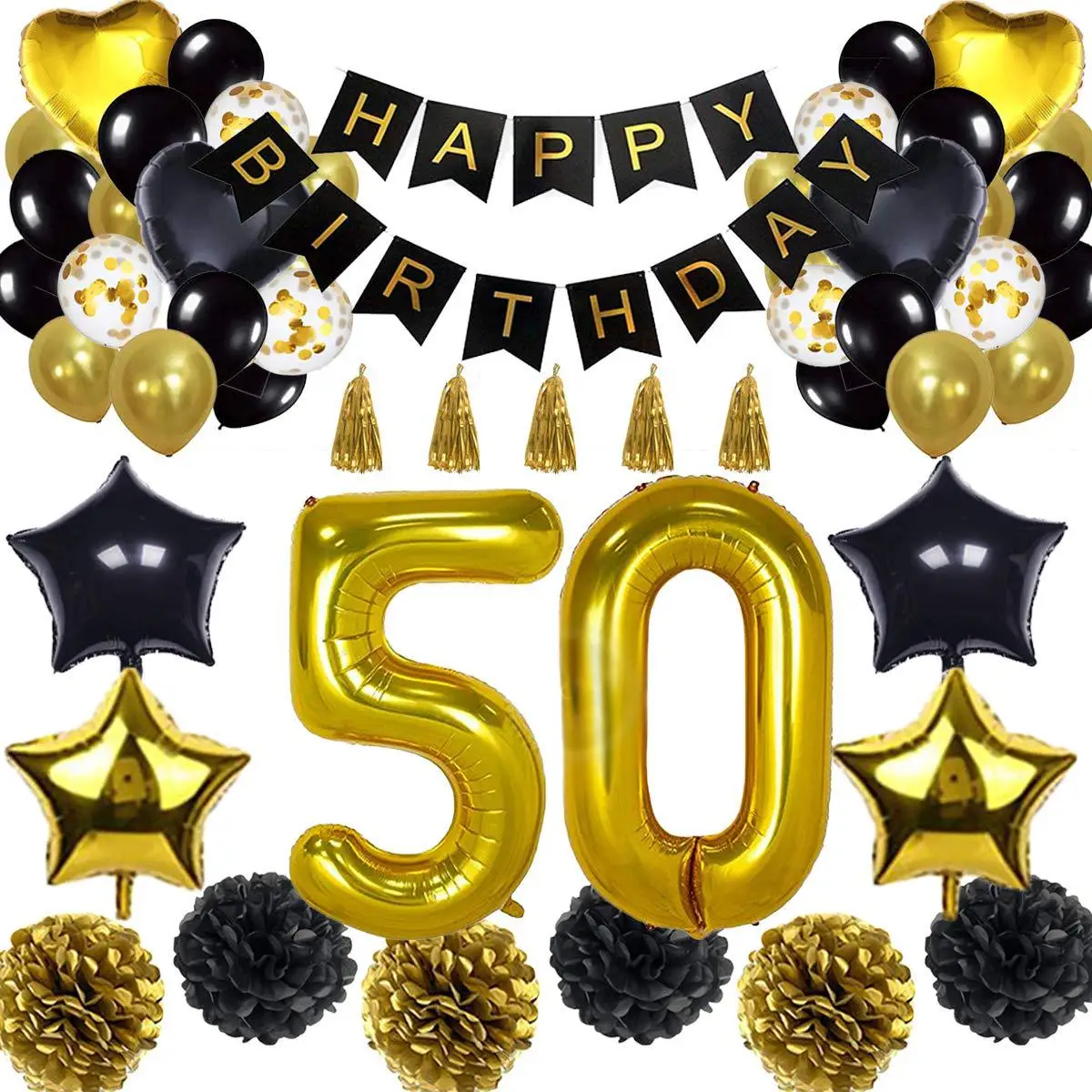

2021 Birthday Party Balloon Set 30.40.50.70 Happy Birthday Banner Black Gold Birthday Decorations