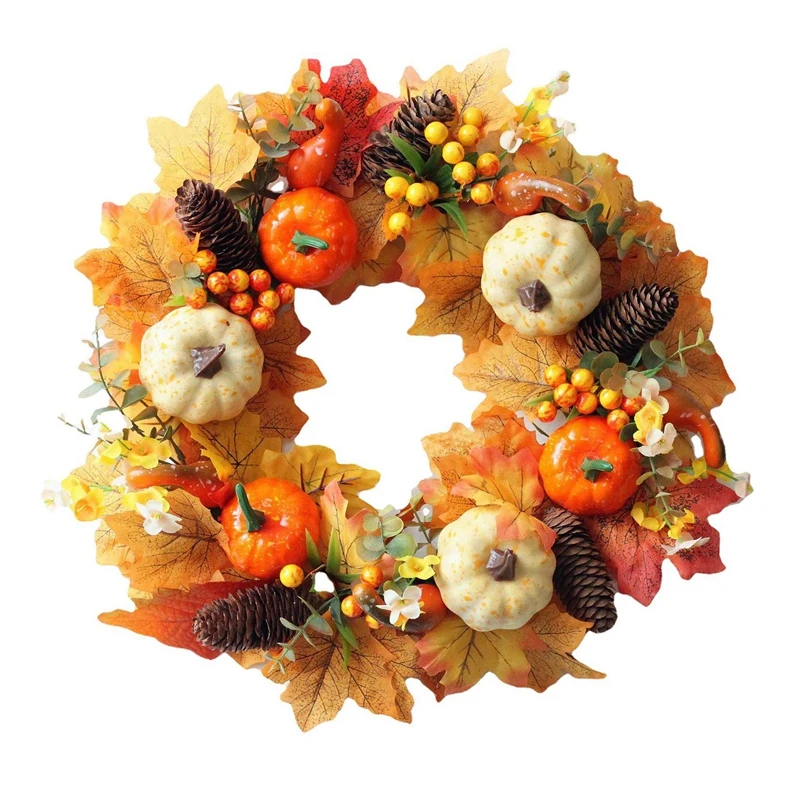 

Artificial Fall Wreath - Autumn Wreath with Maple Leaves Pumpkin Pine Cone Berries for Front Door Thanksgiving Decor